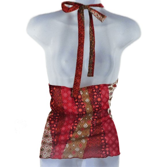 Vintage 90s Y2K Hippie Halter Top Shark Bite Overlap Psychedelic Kaleidoscope L - Picture 2 of 8